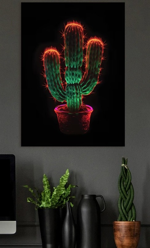 Neon Cactus in a Pot — metal poster wall art by Lineer